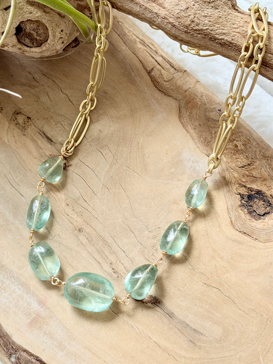 Green Fluorite + Matte Gold Necklace