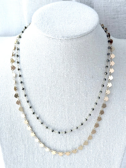 Pyrite + Matte Gold Heart Duet Necklace