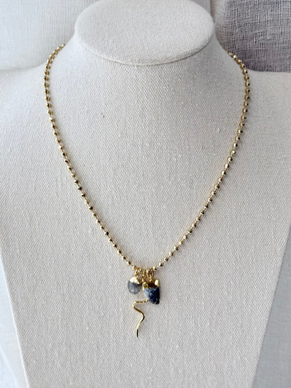 Opal + Black Sunstone Gold Snake Necklace
