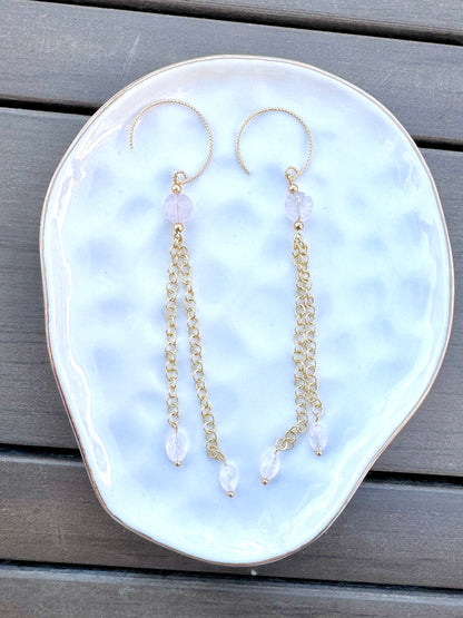 Botanical Rose Quartz + Gold Dangle Earrings