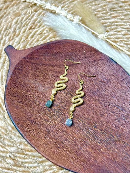 Raw Labradorite + Gold Snake Earrings