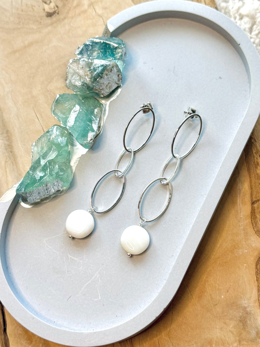 White Opal + Silver Oval Earrings