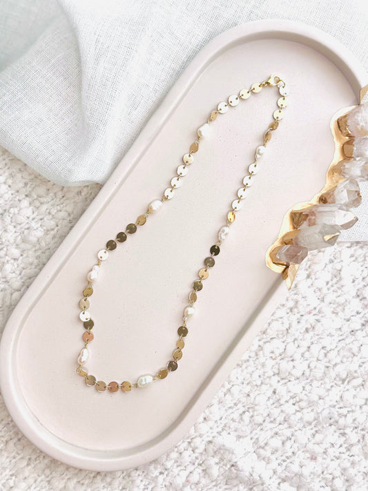 Freshwater Pearl + Gold Sequin Chain Necklace