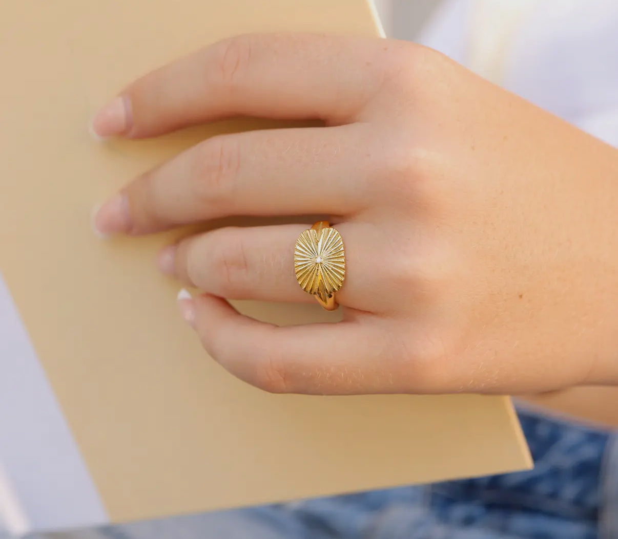 Zircon + Gold Stainless Steel Sunburst Ring