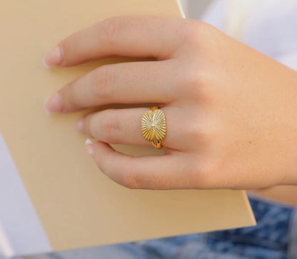 Zircon + Gold Stainless Steel Sunburst Ring