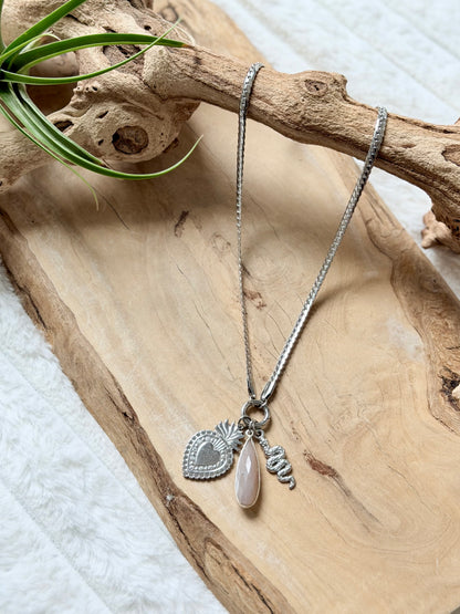 Peach Moonstone + Silver Carabiner Herringbone Necklace