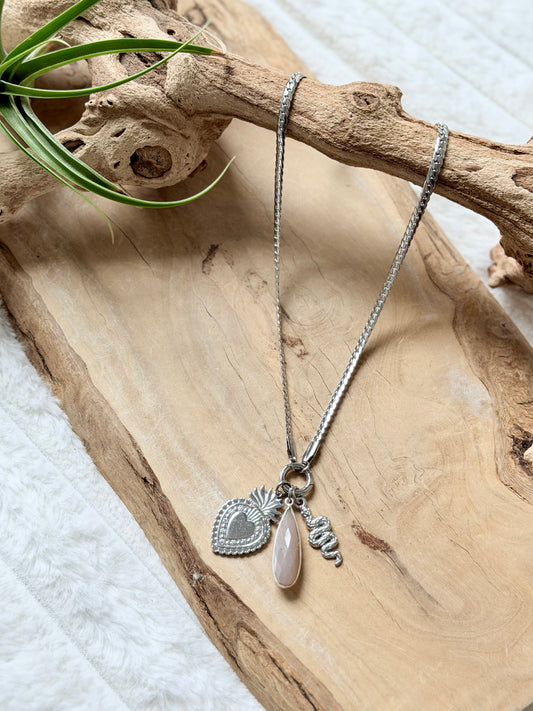 Peach Moonstone + Silver Carabiner Herringbone Necklace