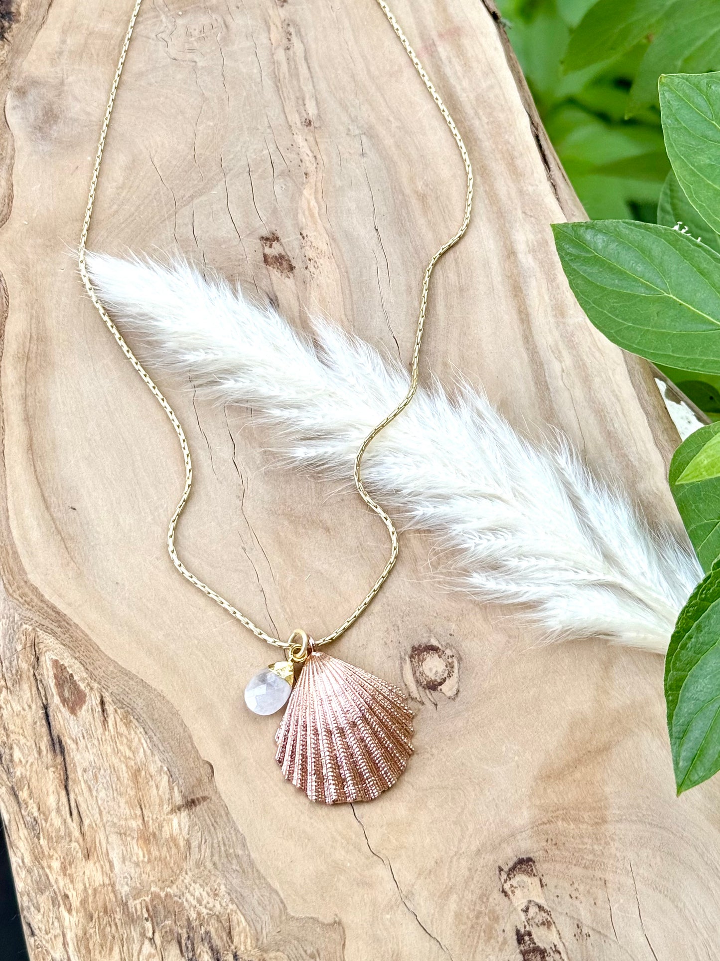 Rose Gold Seashell + Gold Moonstone Necklace