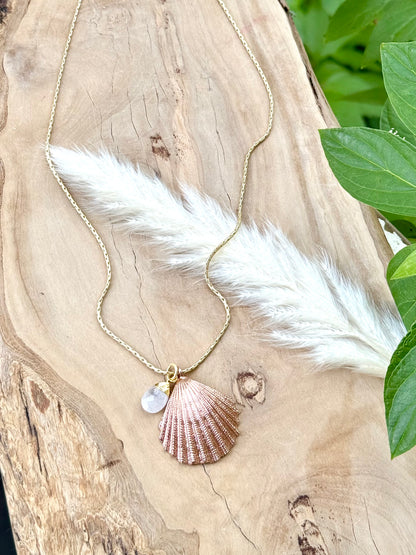 Rose Gold Seashell + Gold Moonstone Necklace
