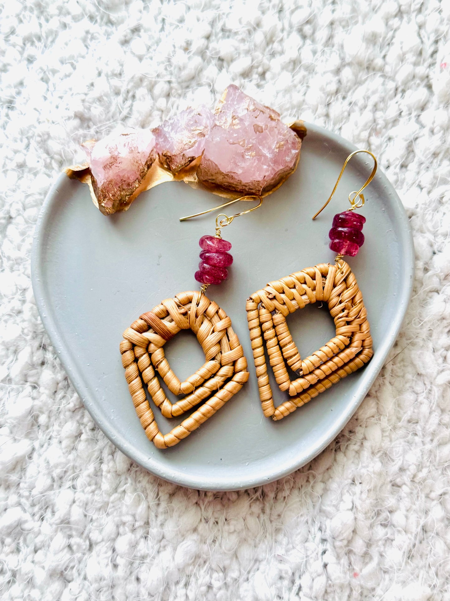 Strawberry Quartz + Gold Rattan Earrings
