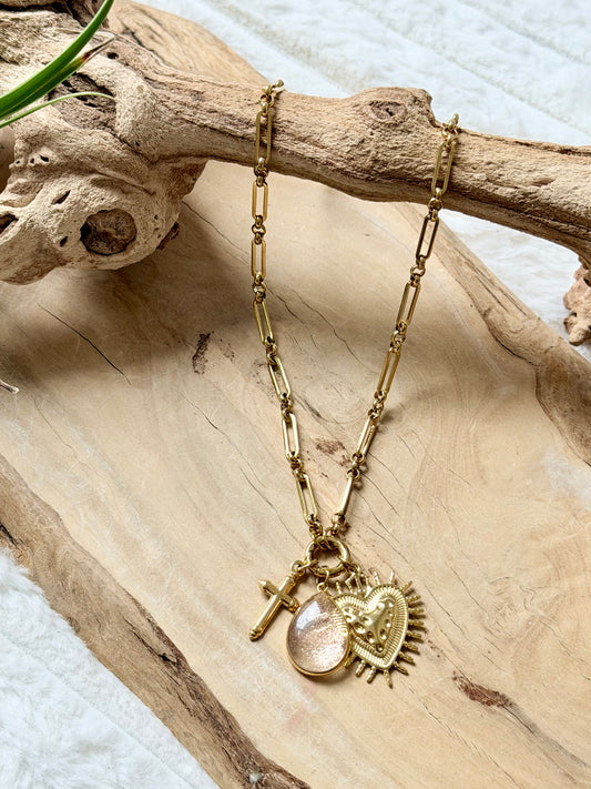 Copper in Quartz + Gold Sacred Heart Carabiner Necklace