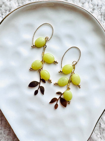 Botanical Olive Leaf + Olive Jade Gold Dangle Earrings