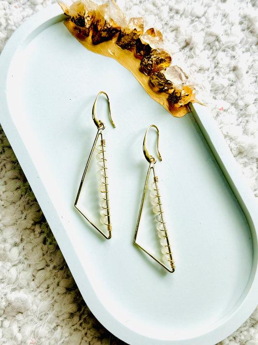 White Moonstone + Gold Triangle Earrings