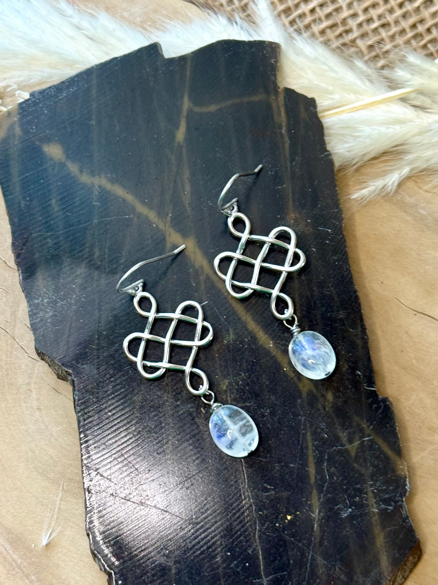 Rainbow Moonstone + Matte Silver Lacey Earrings
