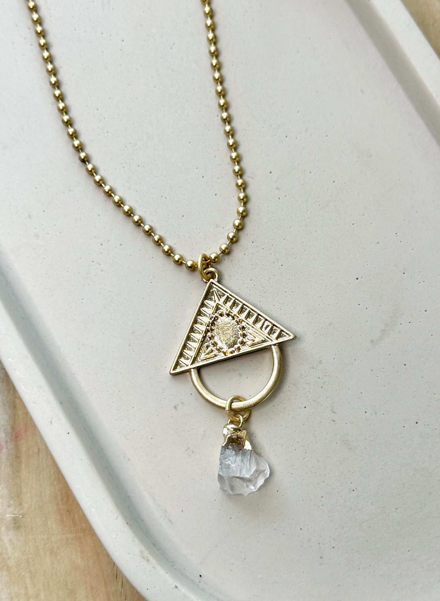 Clear Quartz + Matte Gold Geometric Necklace