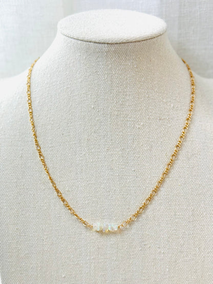 White Ethiopian Opal + Matte Gold Chain Bar Necklace