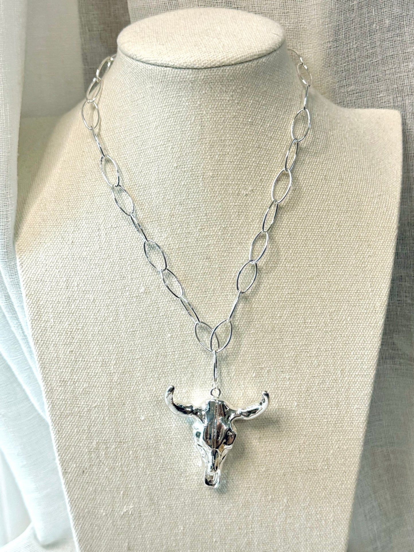 Chunky Silver Cow Skull Necklace