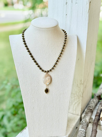 Mother of Pearl + Labradorite Antique Brass Ball Chain Necklace