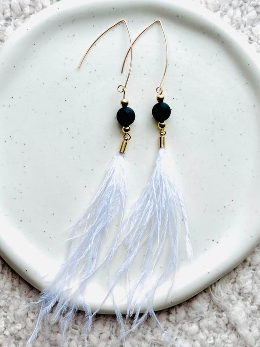 Matte Black Onyx + Gold White Feather Earrings