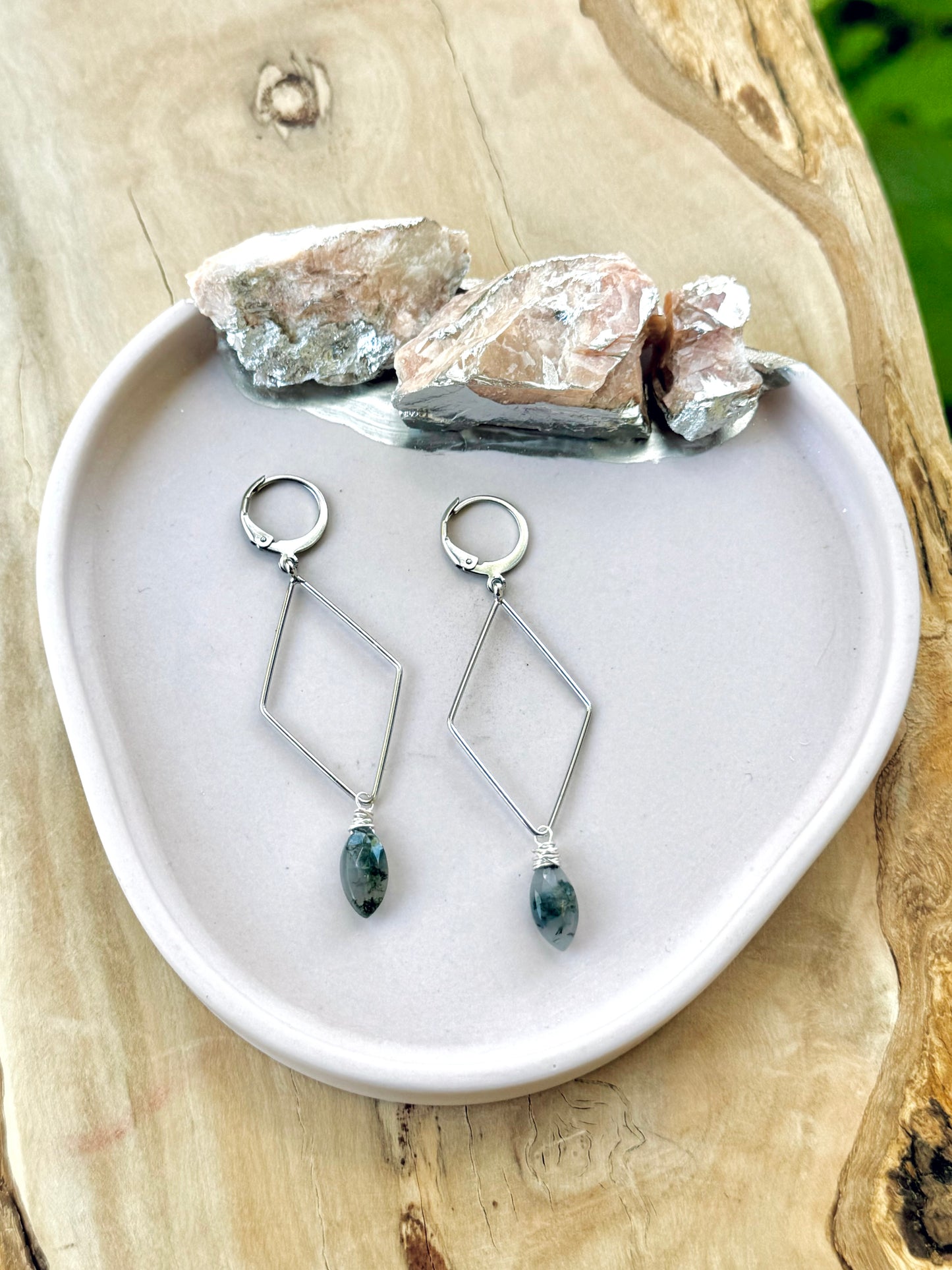 Moss Agate + Silver Diamond Earrings