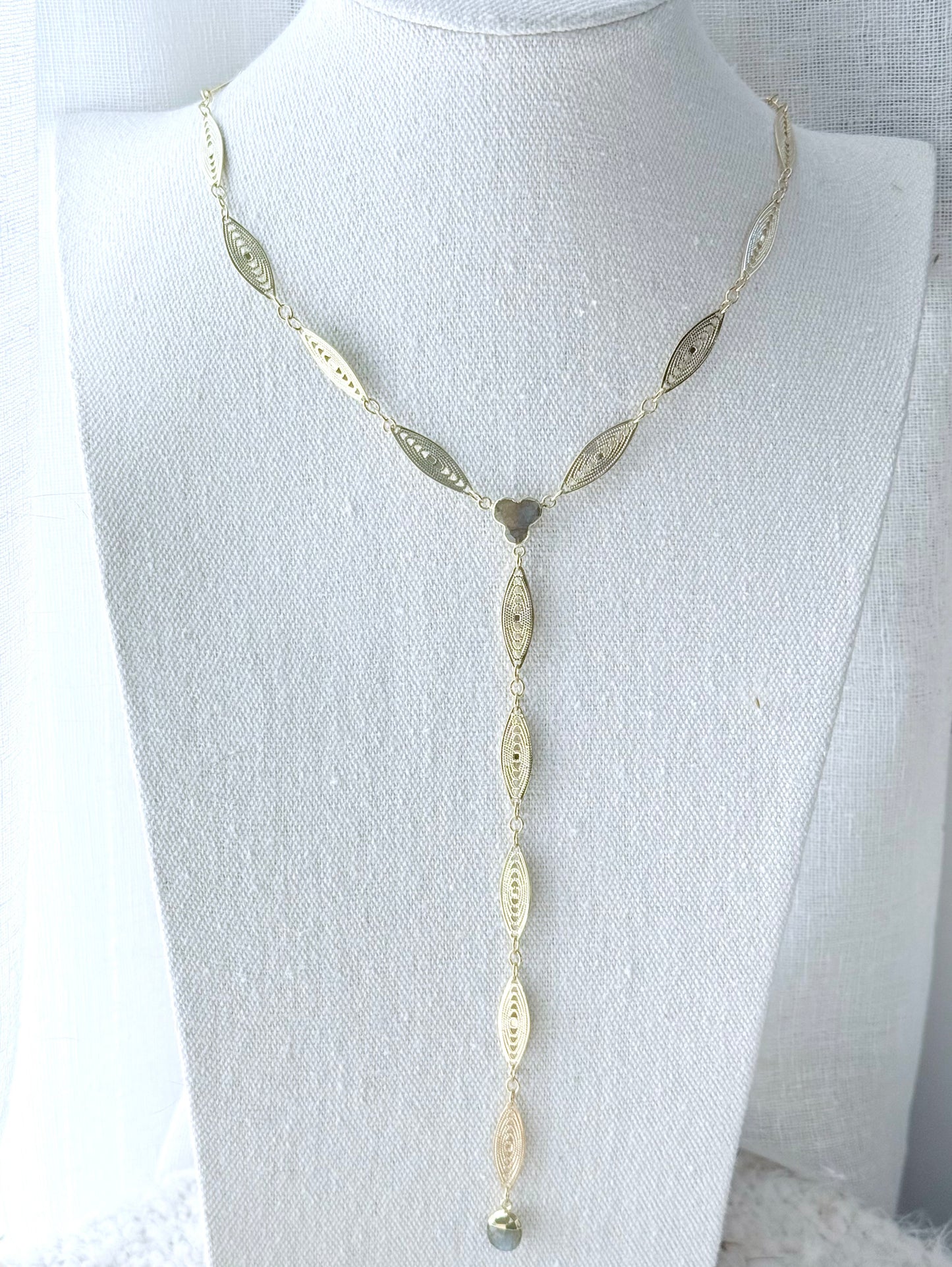 Labradorite Duet + Gold Filigree Lariat Necklace