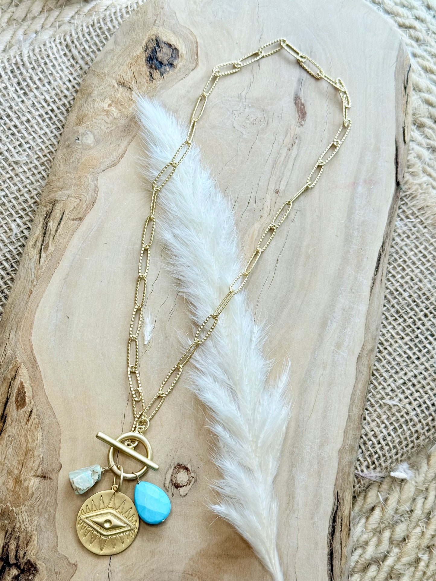 Ethiopian Opal + Turquoise Gold Charm Toggle Necklace