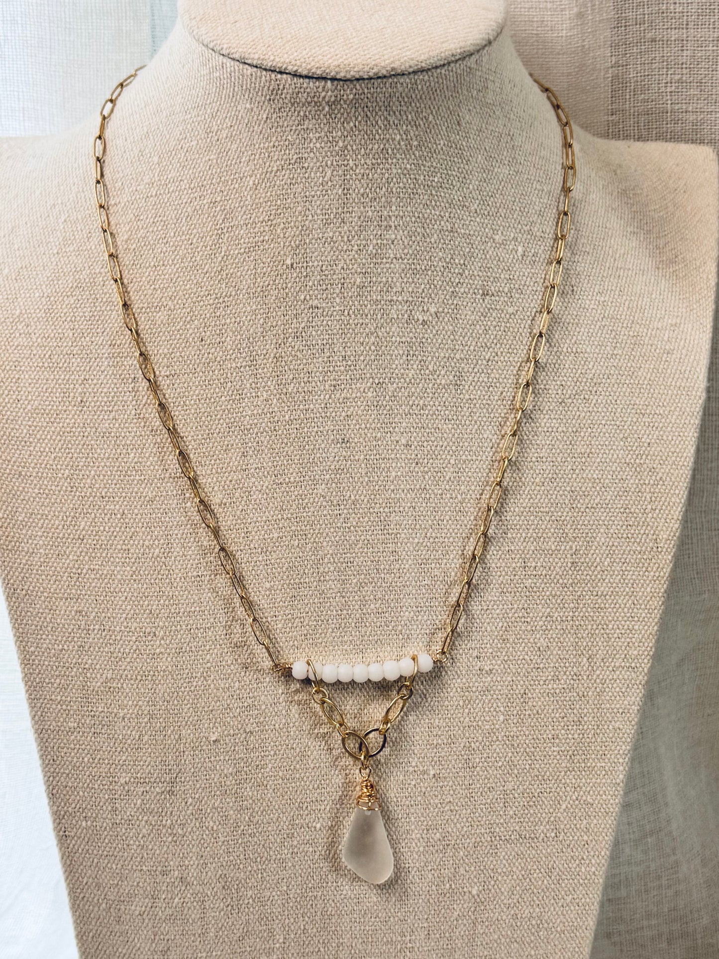 White Sea Glass +  Matte Gold Necklace