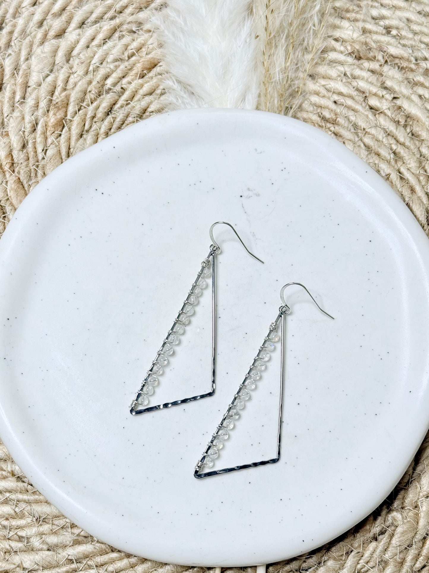 Rainbow Moonstone + Silver Large Triangle Earrings