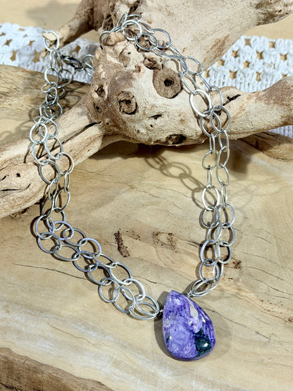 Purple Charoite Black Aegirine + Antique Silver Necklace