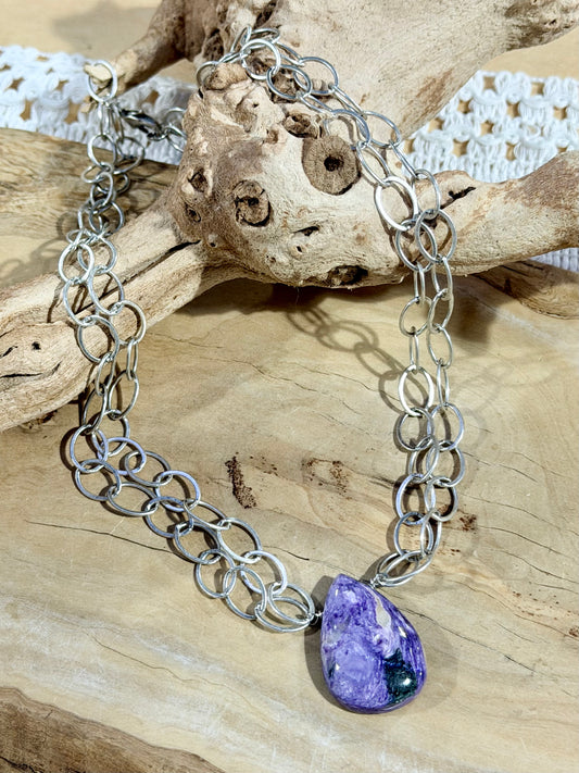 Purple Charoite Black Aegirine + Antique Silver Necklace