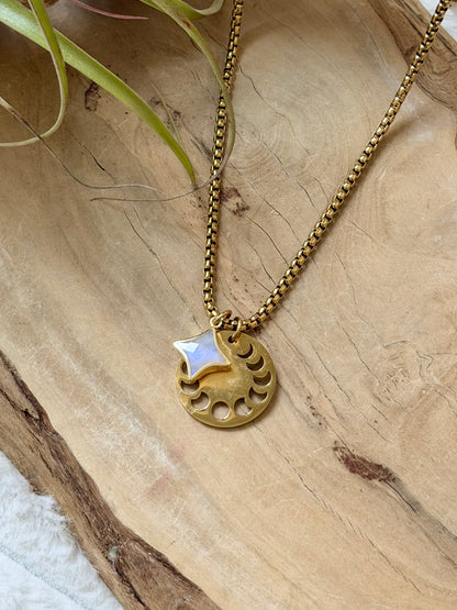 Rainbow Moonstone Star + Gold Moon Phases Necklace