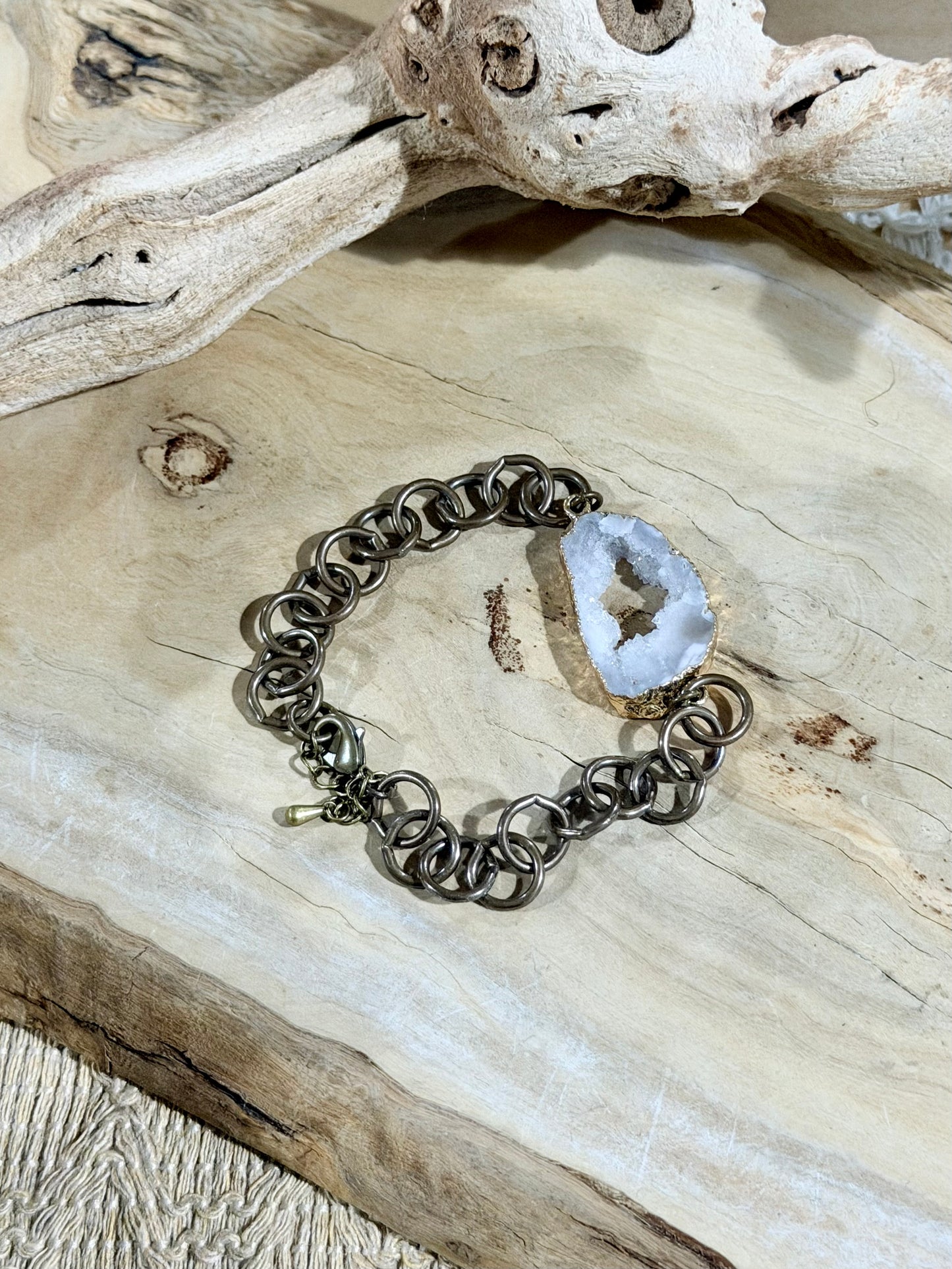 White Druzy Agate + Antique Brass Bracelet