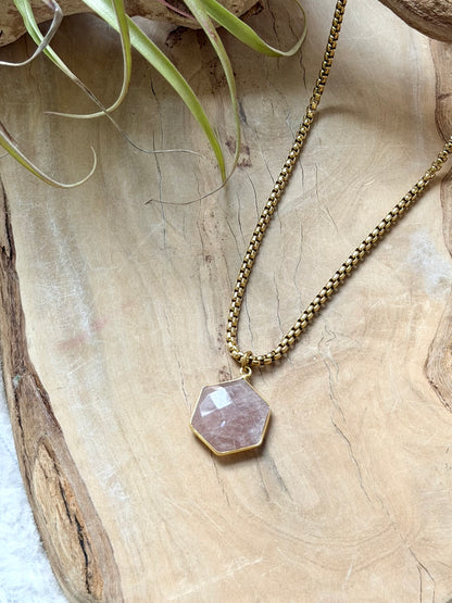Peach Moonstone Hexagon + Gold Stainless Steel Necklace