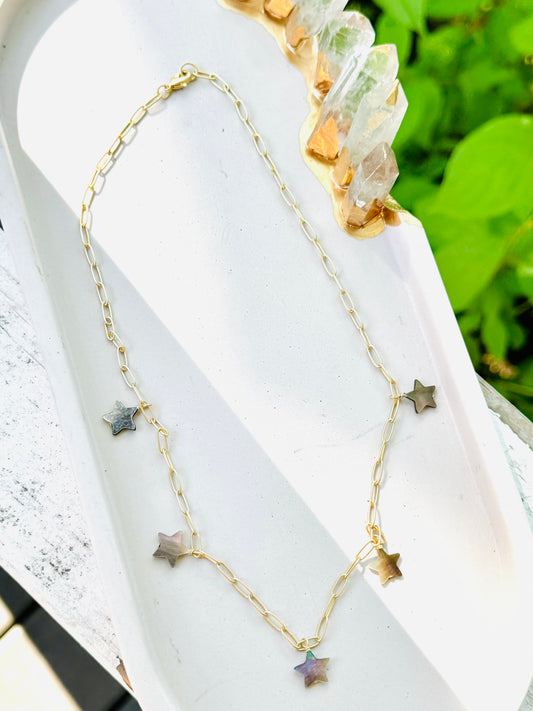 Mother of Pearl Stars + Matte Gold Necklace