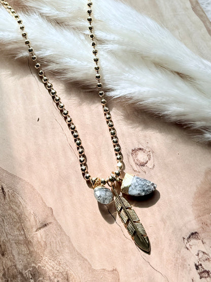 Black Sunstone + Dendritic Opal Gold Charm Necklace