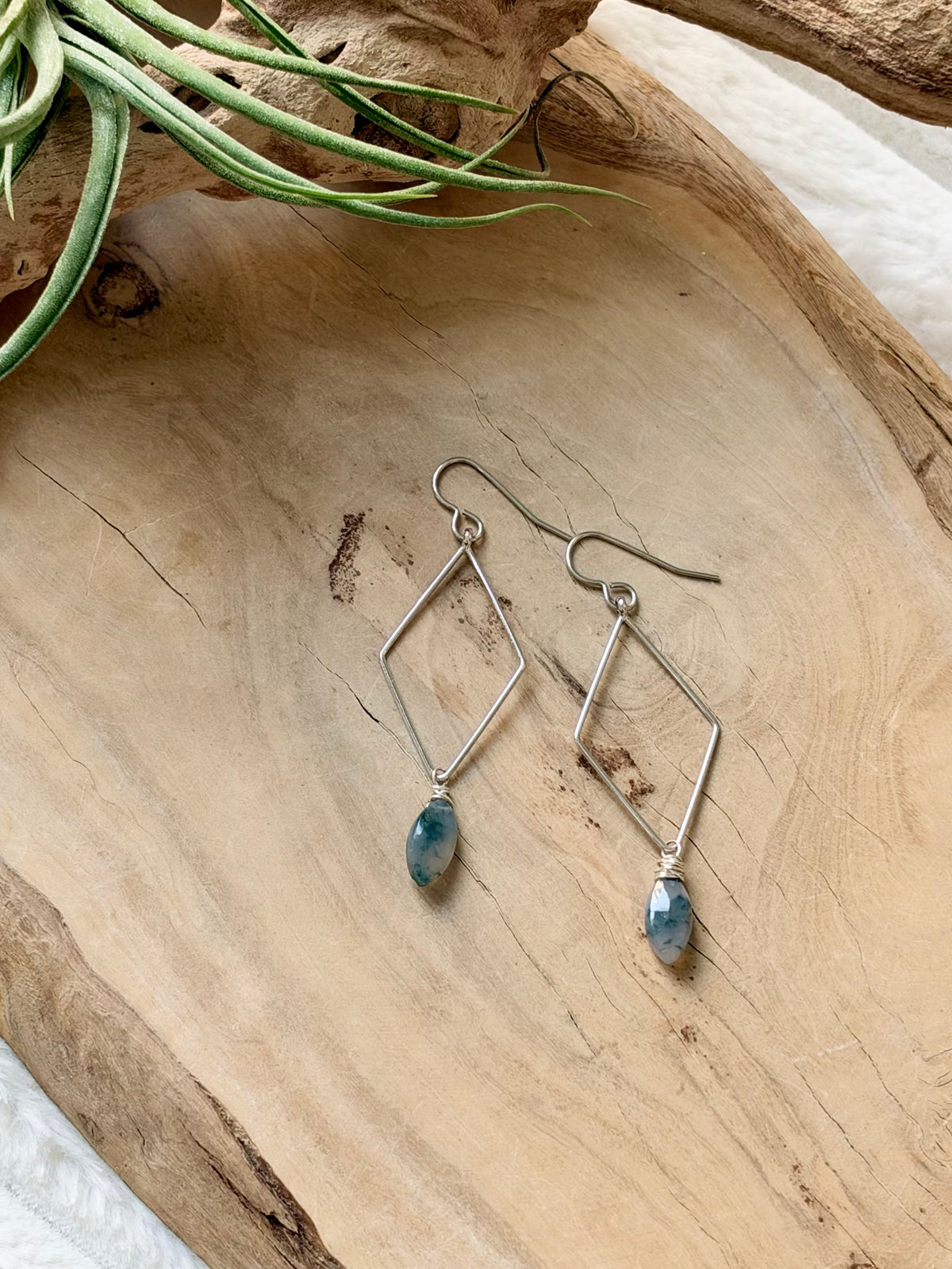 Moss Agate + Silver Diamond Earrings