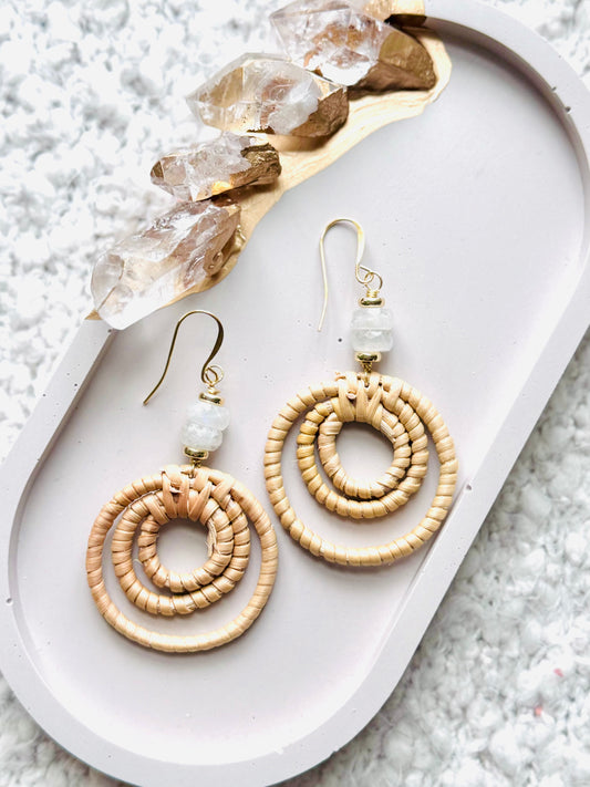 Rainbow Moonstone + Gold Rattan Earrings