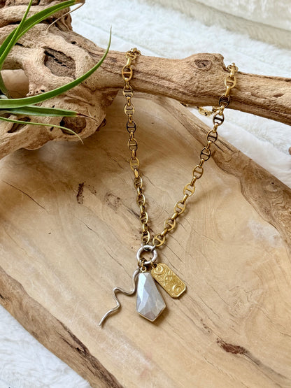 Gray Moonstone + Mixed Metal Carabiner Charm Necklace