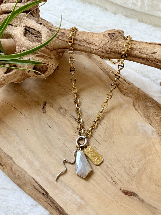 Gray Moonstone + Mixed Metal Carabiner Charm Necklace