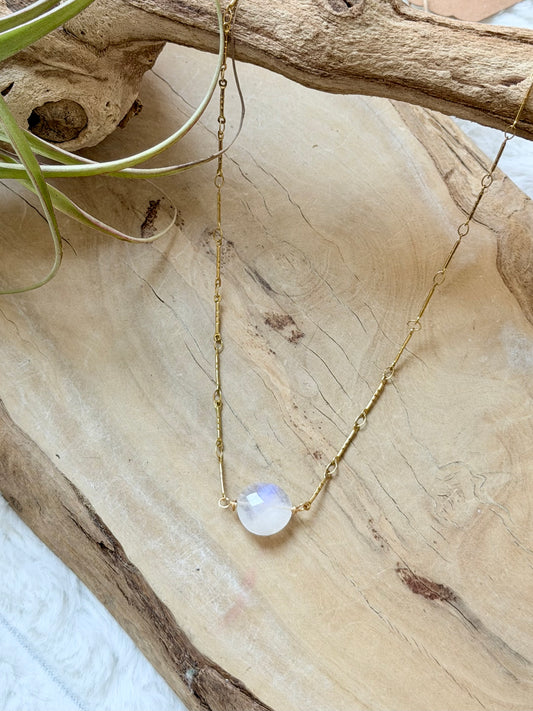 Rainbow Moonstone + Gold Stainless Steel Necklace