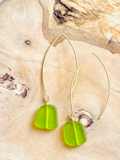 Lime Green Glass + Matte Gold Earrings