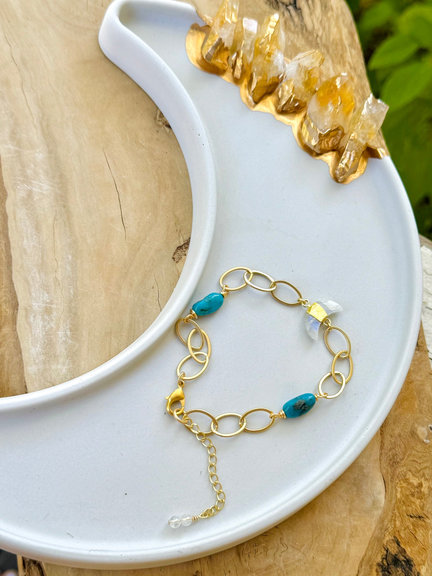 Sleeping Beauty Turquoise + Moonstone Gold Gemstone Moon Bracelet