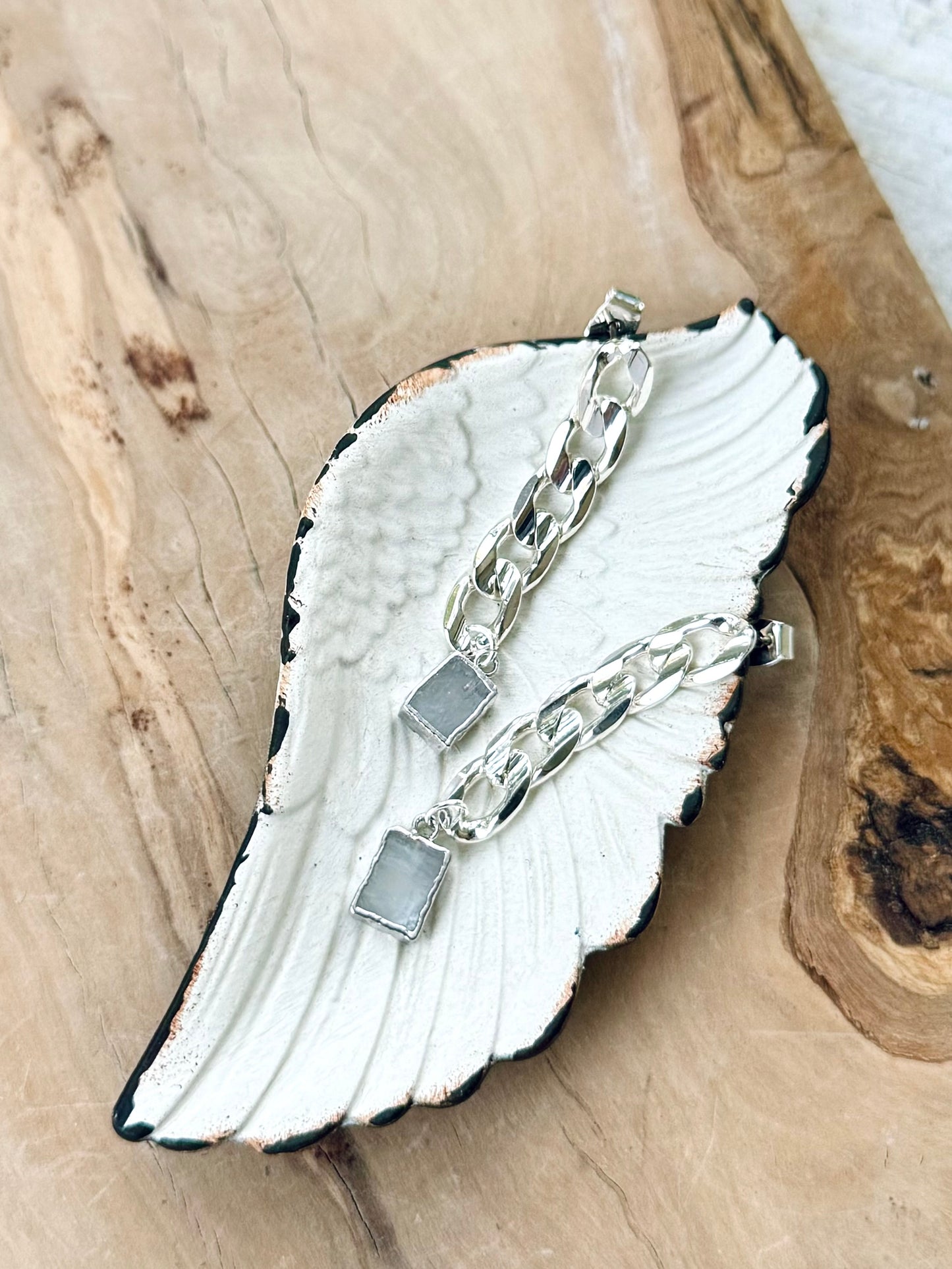 Rainbow Moonstone + Silver Curb Chain Earrings