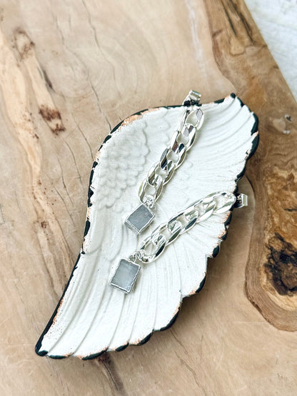 Rainbow Moonstone + Silver Curb Chain Earrings