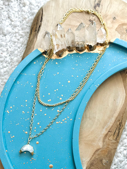 Rainbow Moonstone Moon + Gold Duet Necklace