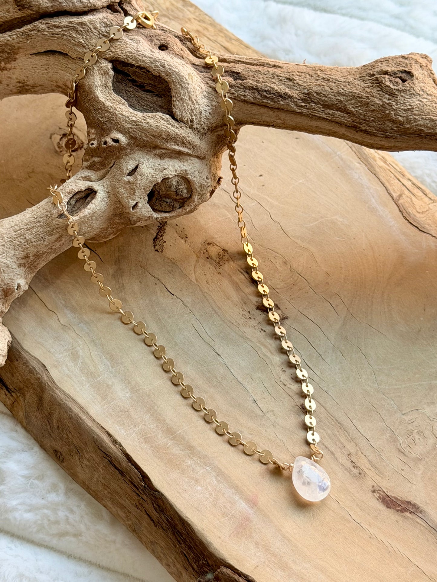 Rainbow Moonstone + Matte Gold Necklace