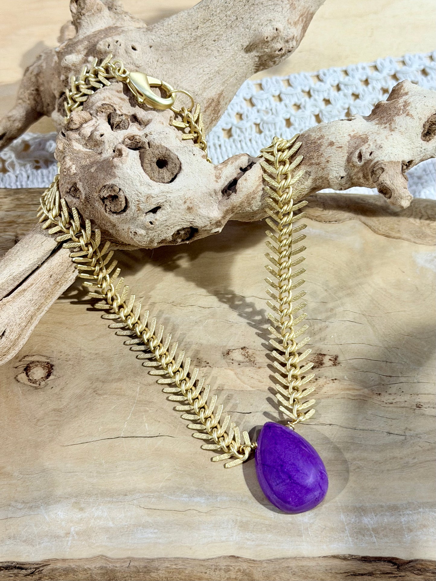 Royal Purple Phosphosiderite + Matte Gold Fishbone Chain Necklace