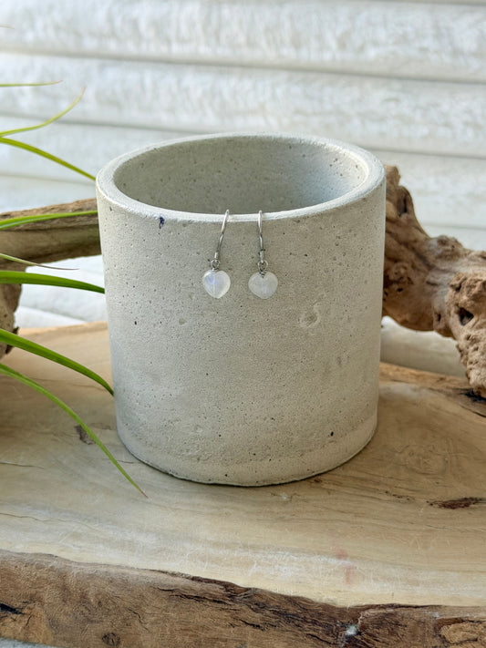 Rainbow Moonstone + Silver Heart Earrings