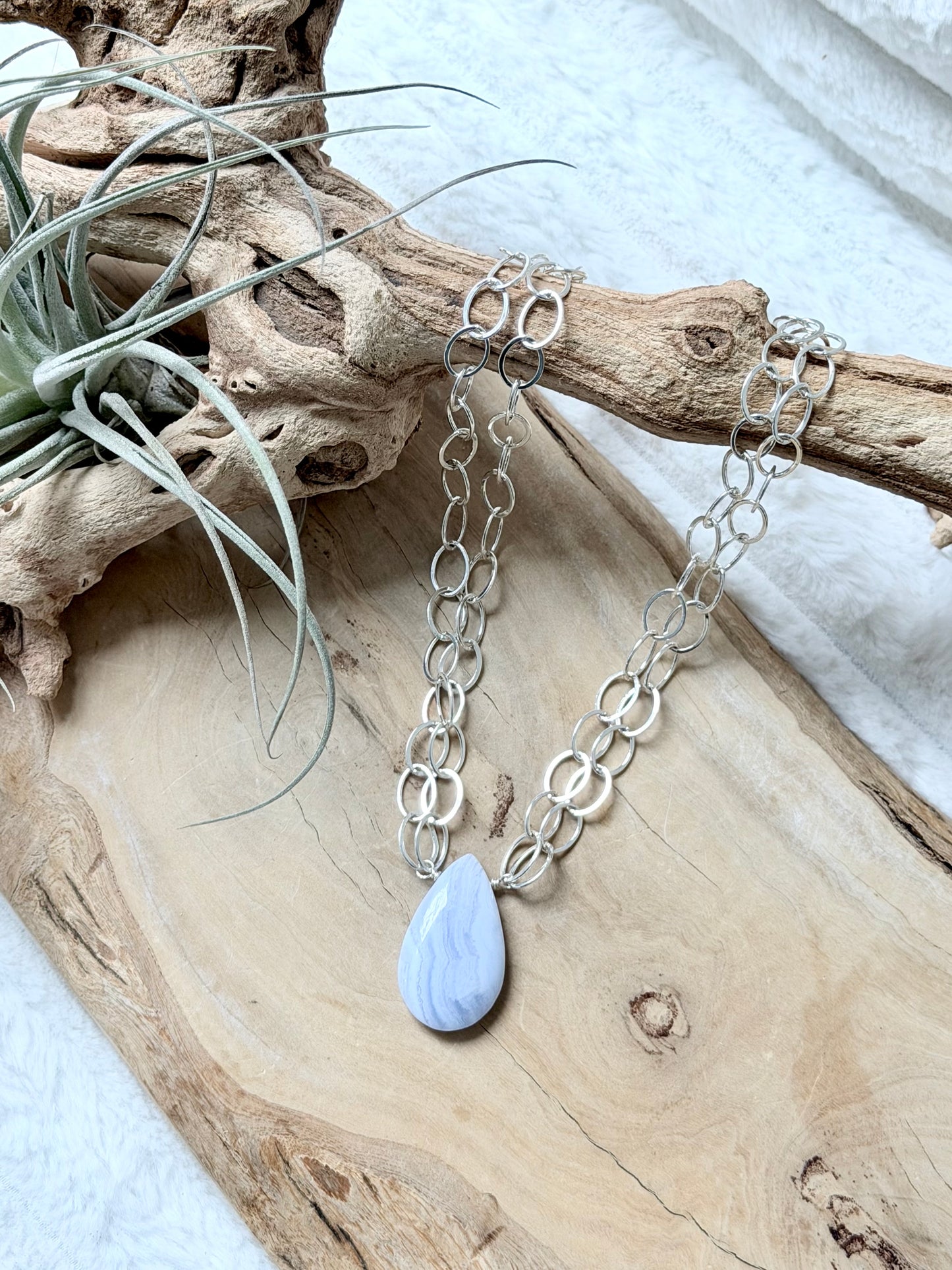 Blue Lace Agate + Silver Double Chain Necklace