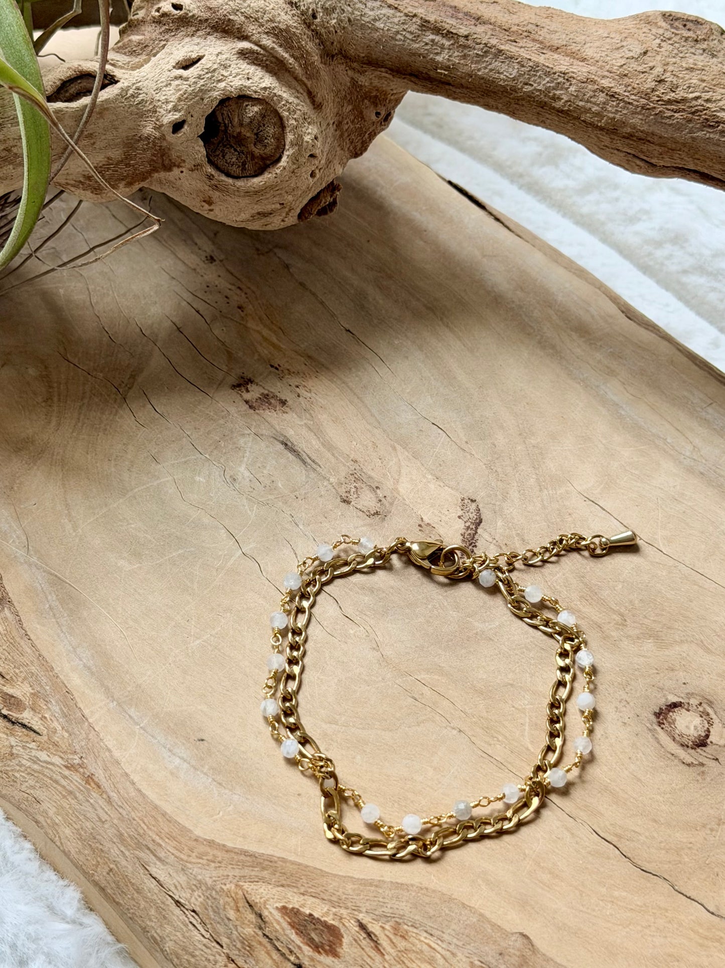 Rainbow Moonstone + Gold Stainless Steel Skinny Duet Bracelet